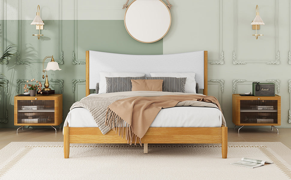 Queen Size Rubber Wooden , Solid Wooden Bed with Teddy Velvet Cushion Upholstered Headboard, Enhanced by Support Feet - Korvel