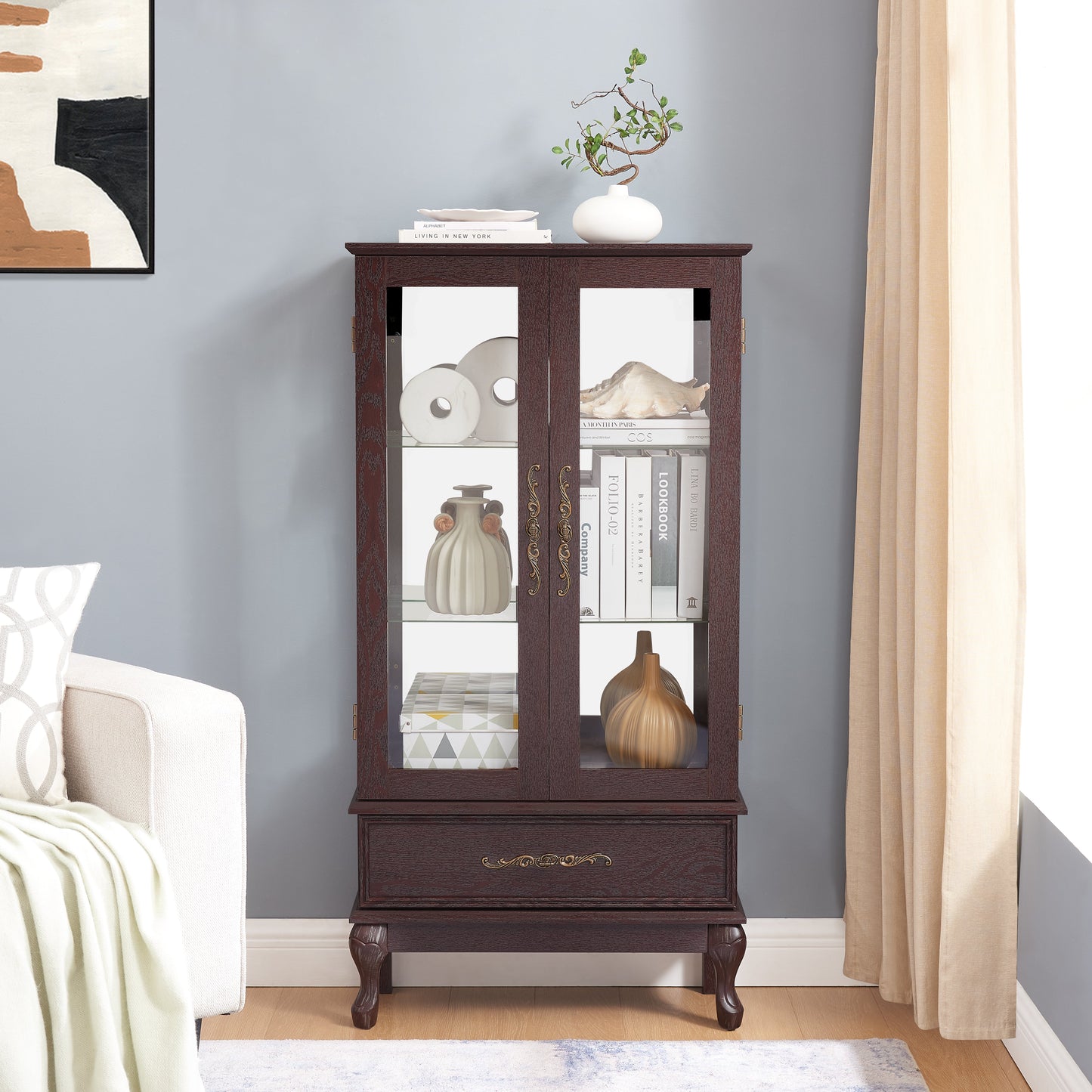 Curio cabinet lighting glass cabinet with adjustable glass frame, 2 doors and 1 drawer with light bulb, dark cherry color - Korvel