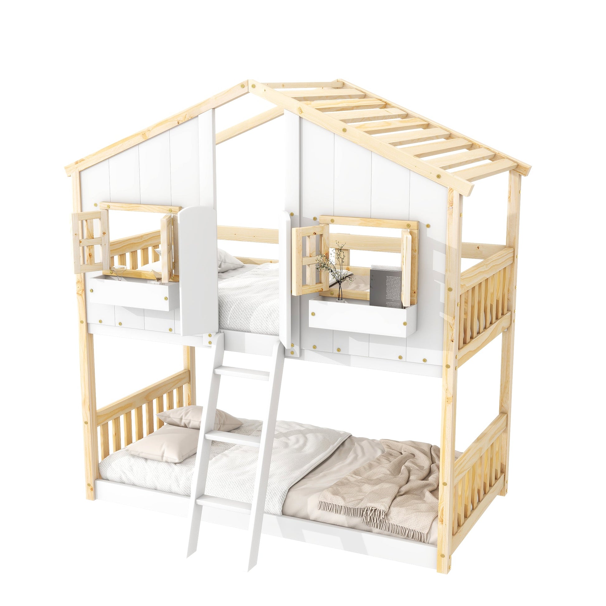 Twin over Twin House Bunk Bed with Roof , Window, Window Box, Door , with Safety Guardrails and Ladder, Natural/White - Korvel