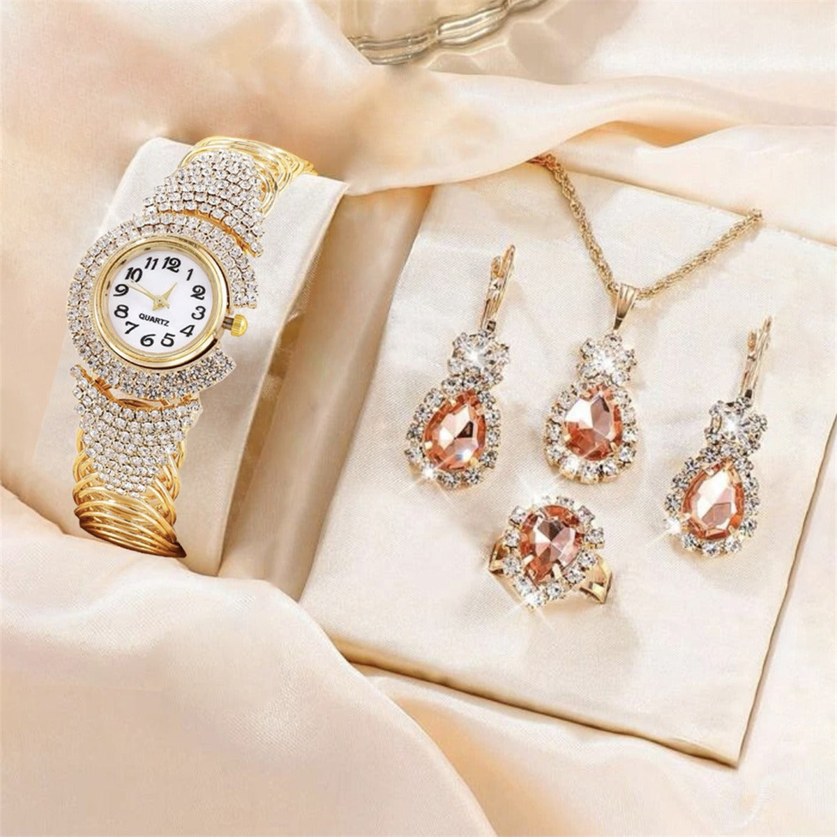 Fashion New Cross border Personality Trend Versatile Women's Diamond Bracelet Quartz Watch Necklace Ring Earring Set - Korvel