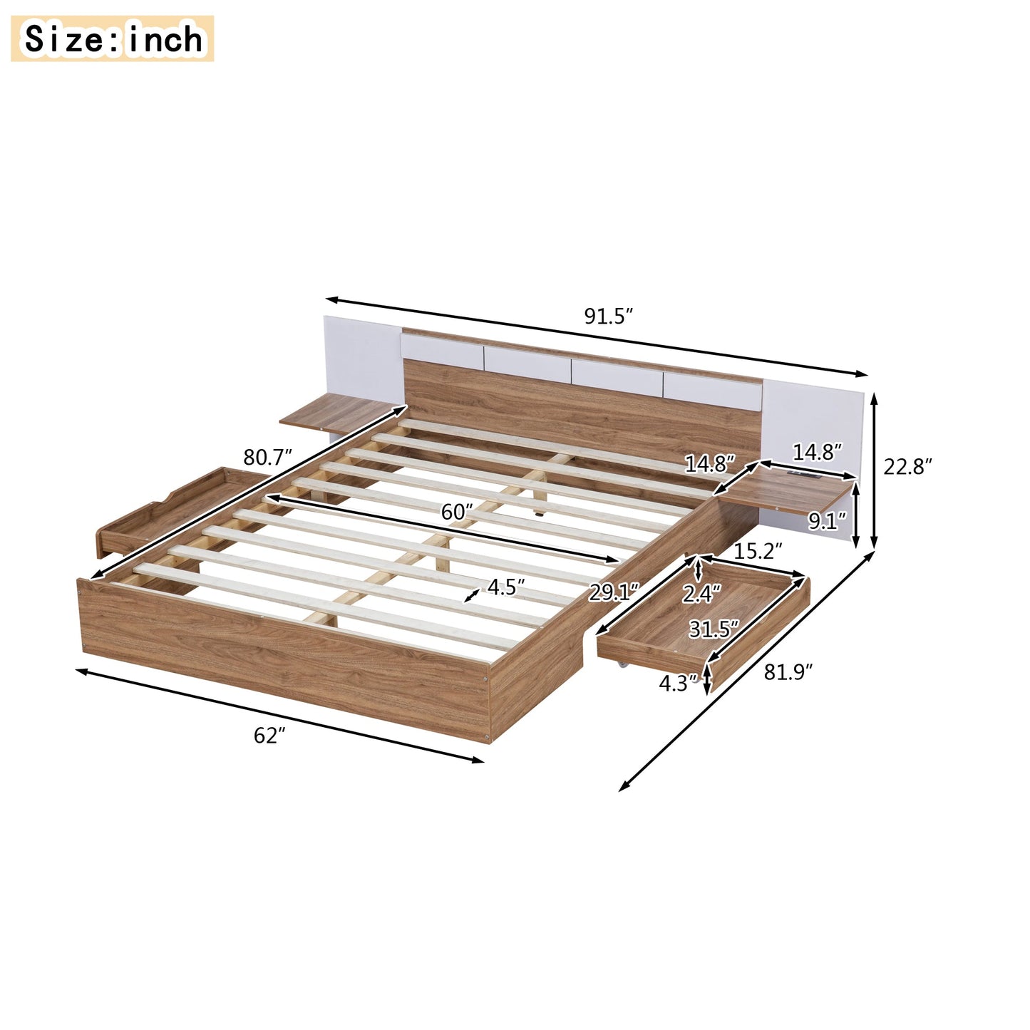 Queen Size Platform Bed with Headboard and Storage, Natural