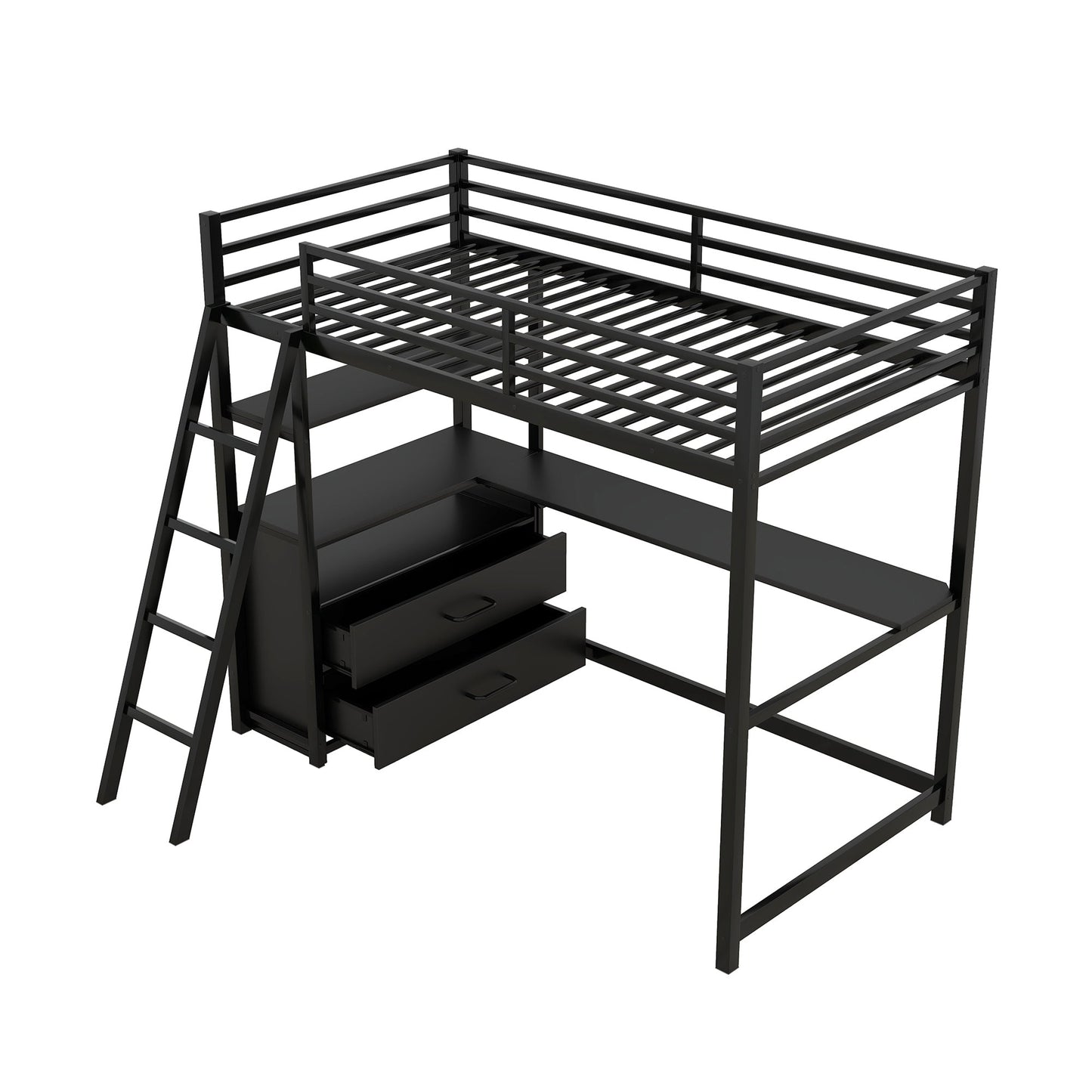 Twin Size Metal&Wood Loft Bed with Desk and Shelves, Two Built-in Drawers, Black - Korvel