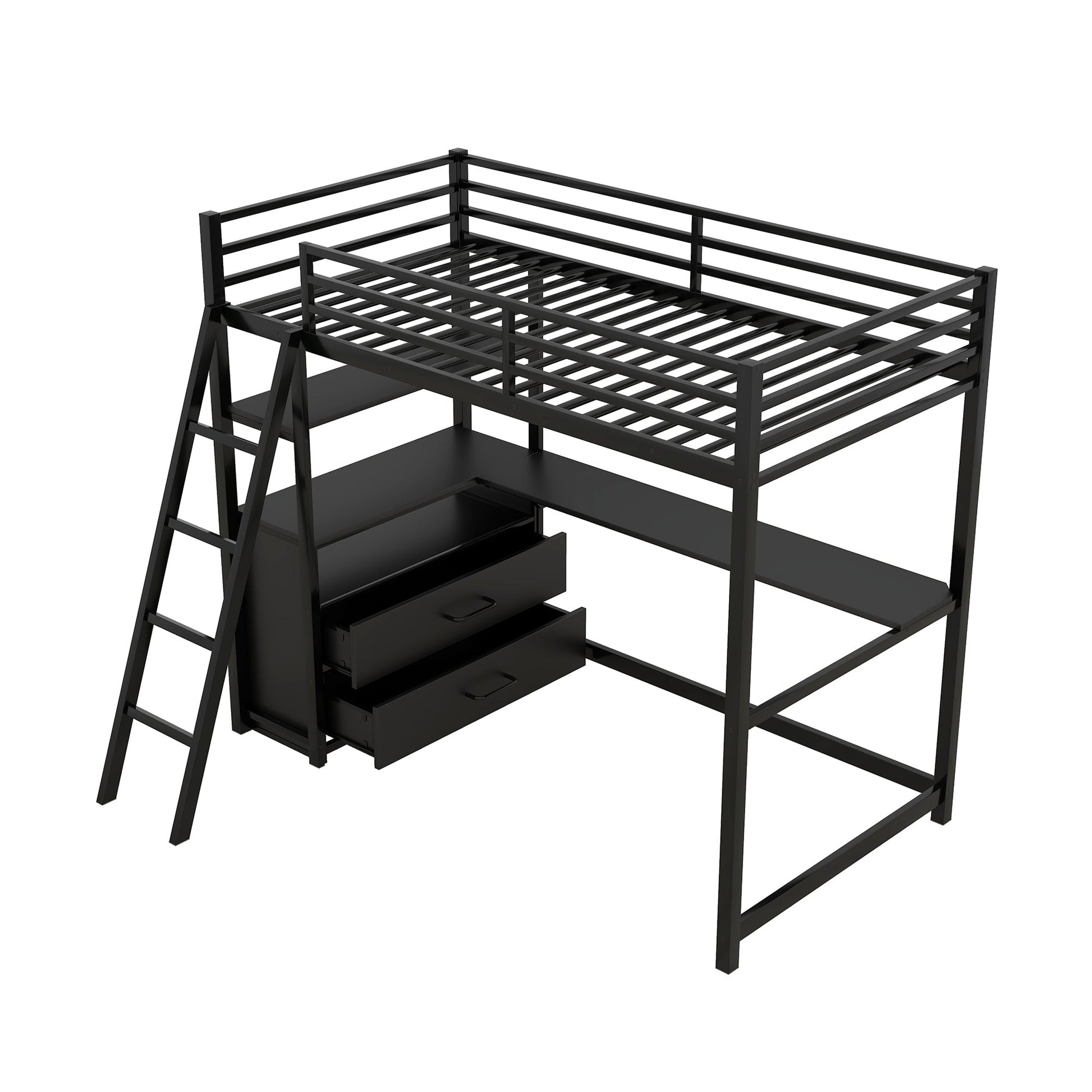 Twin Size Metal&Wood Loft Bed with Desk and Shelves, Two Built-in Drawers, Black - Korvel