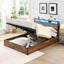 Elevating storage bed frame, full-size bed frame with bookshelf headboard and LED lights, with country brown color - Korvel