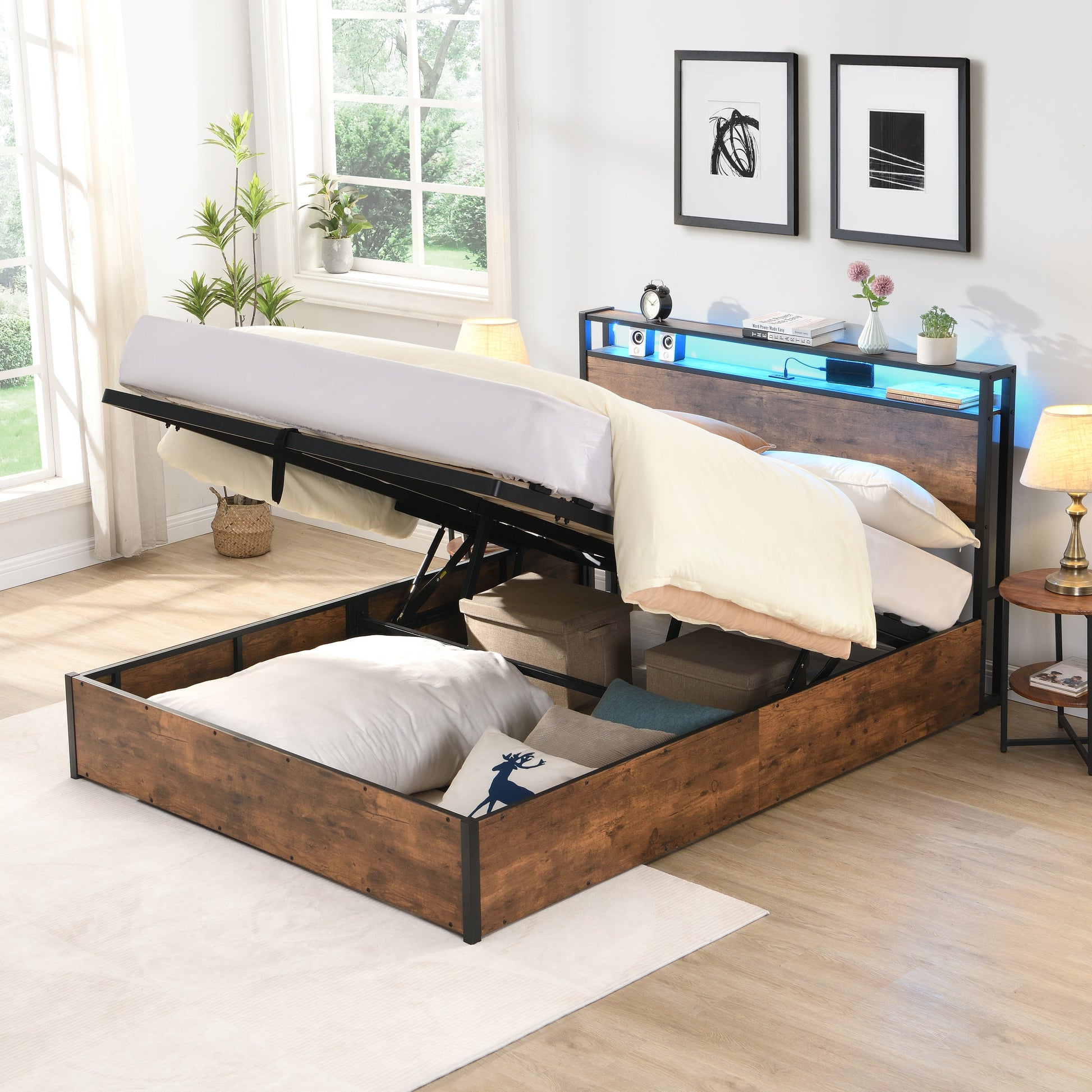 Elevating storage bed frame, full-size bed frame with bookshelf headboard and LED lights, with country brown color - Korvel