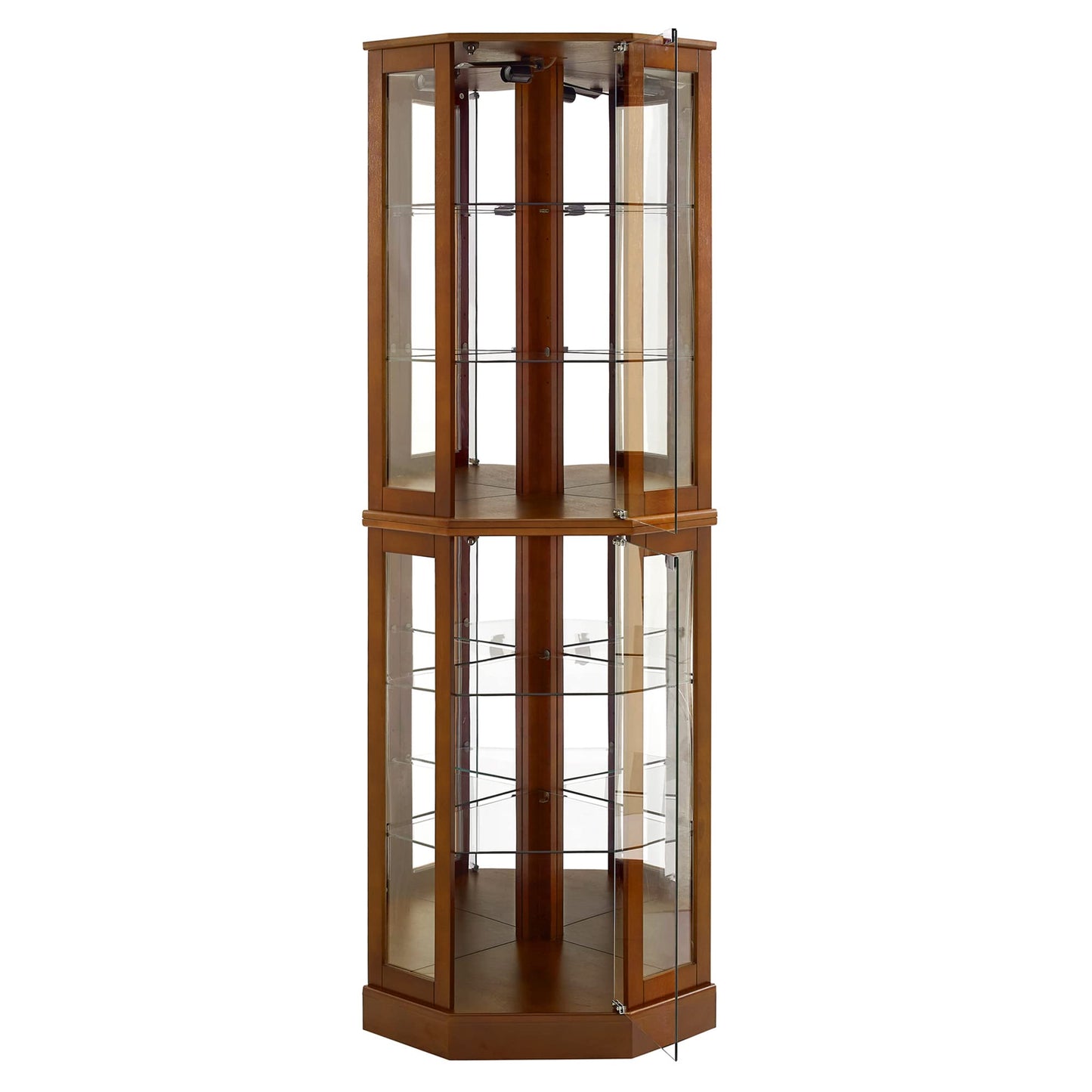 6 shelves corner Curio display cabinet with light mirror and adjustable shelves, walnut wood (excluding E26 light bulbs) - Korvel