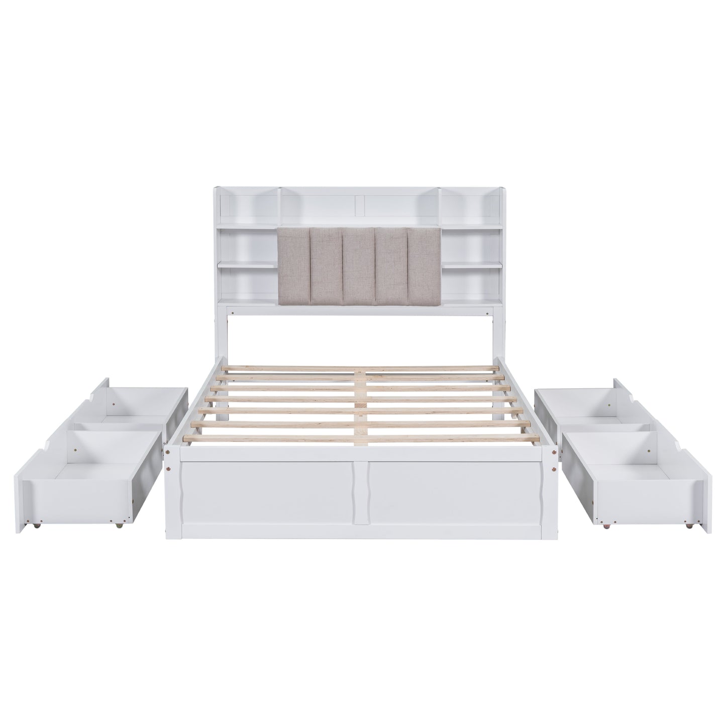 Multi-functional Full Size Bed Frame with 4 Under-bed Portable Storage Drawers and Multi-tier Bedside Storage Shelves White - Korvel