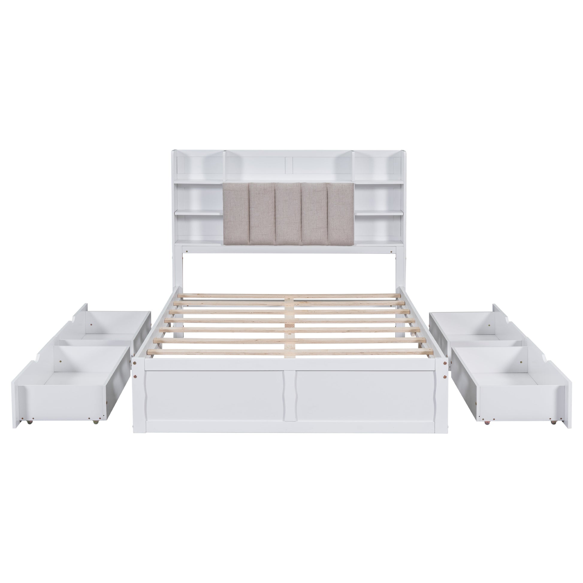 Multi-functional Full Size Bed Frame with 4 Under-bed Portable Storage Drawers and Multi-tier Bedside Storage Shelves White - Korvel