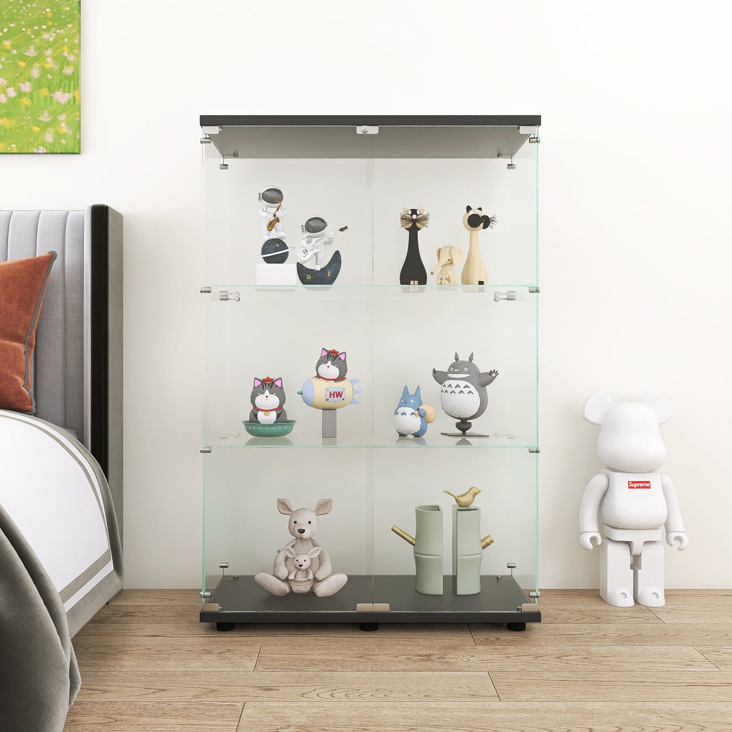 Three double door glass display cabinets with door frames, 49.3 inches * 31.7 inches * 14.3 inches, black - Korvel