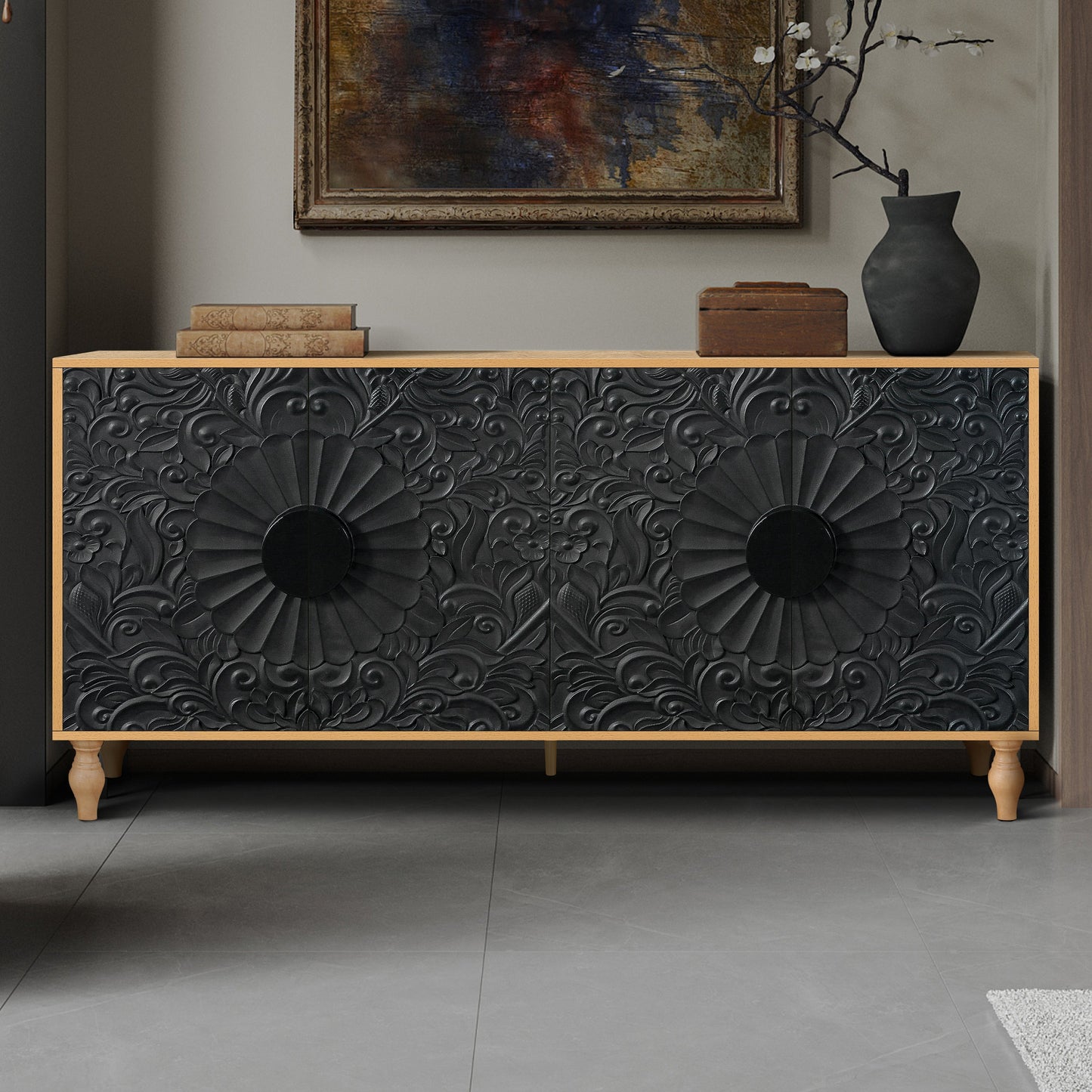 Black Carved Symmetrical Design Door And Wood Coloured Frame For TV Stand Table,Living Room ,Entryway - Korvel