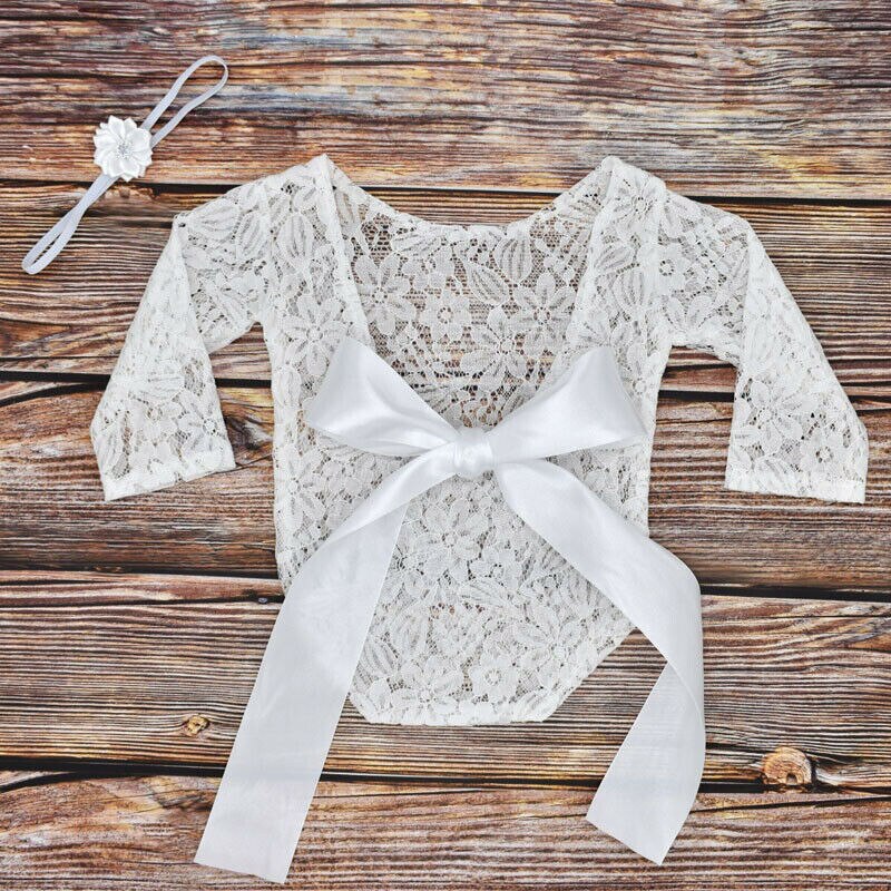 Conjunto de Romper de Encaje para Recién Nacidos y Banda para el Cabello