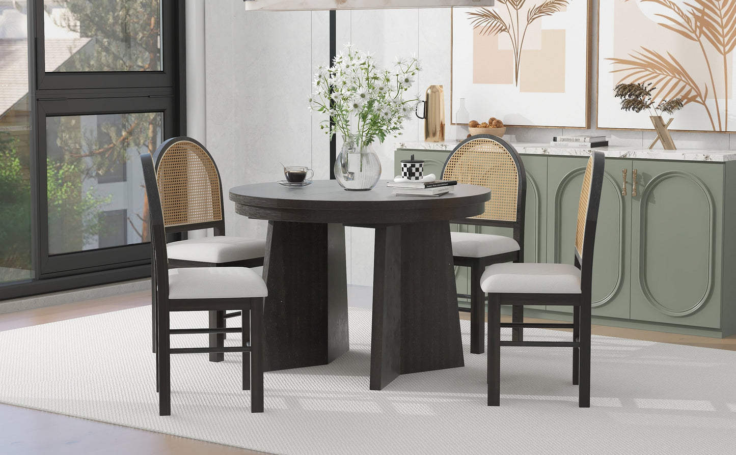TREXM 5-Piece Retro Dining Set with Expandable Table & Chairs