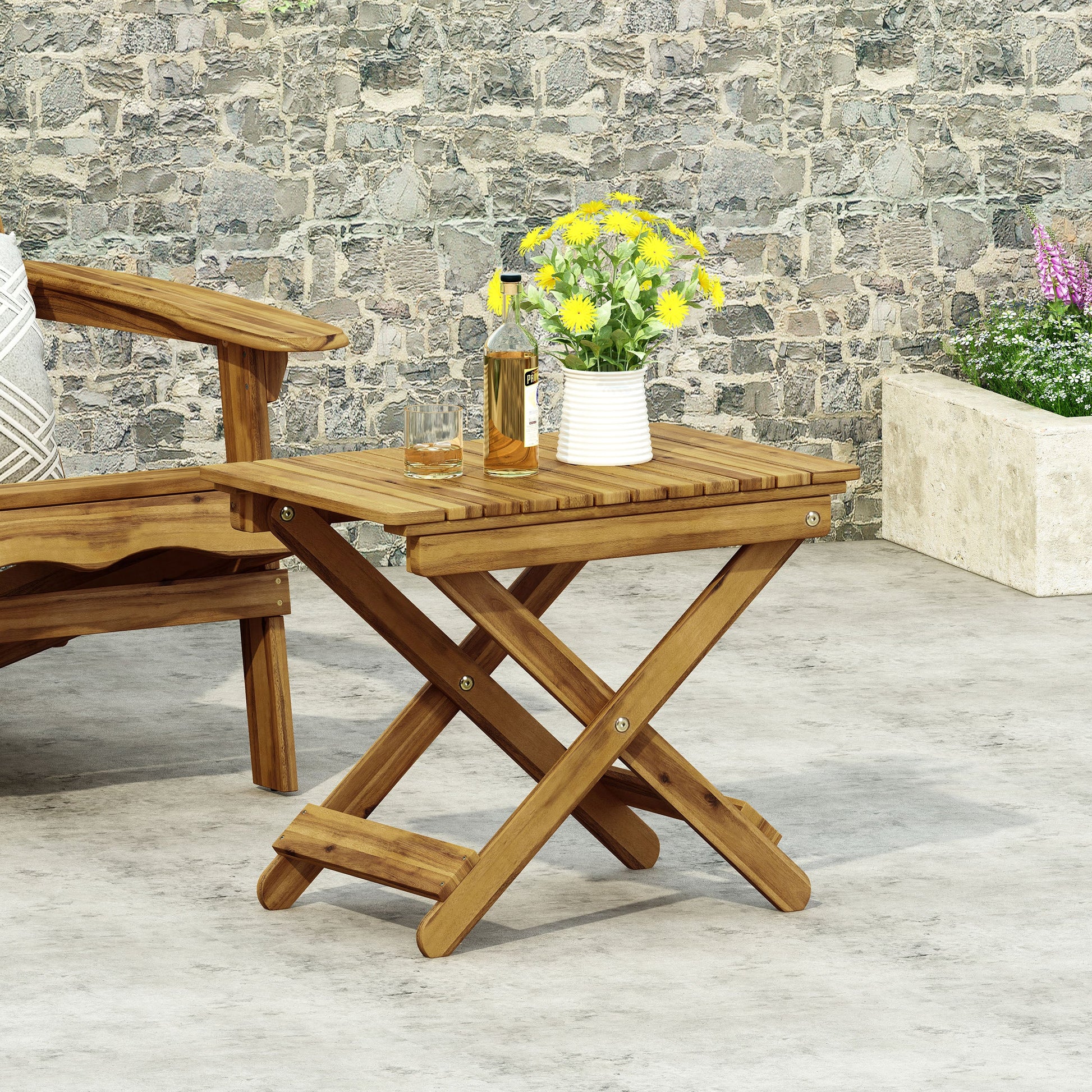 Outdoor Folding Wooden Side Table, Natural, 15"D x 22.75"W x 18.25"H - Korvel