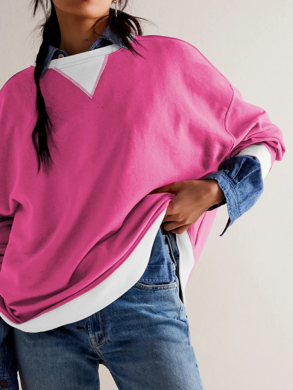 Contrast Dropped Shoulder Long Sleeve Sweatshirt - Korvel