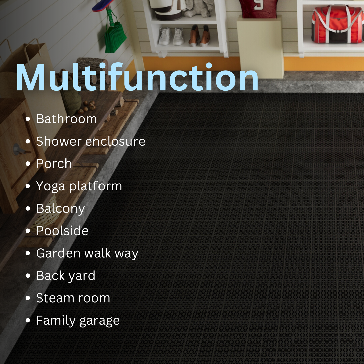 12 x 12 inch black interlocking deck tiles, plastic waterproof, weighing up to 6613 pounds, with a rose pattern pack of 12 - Korvel