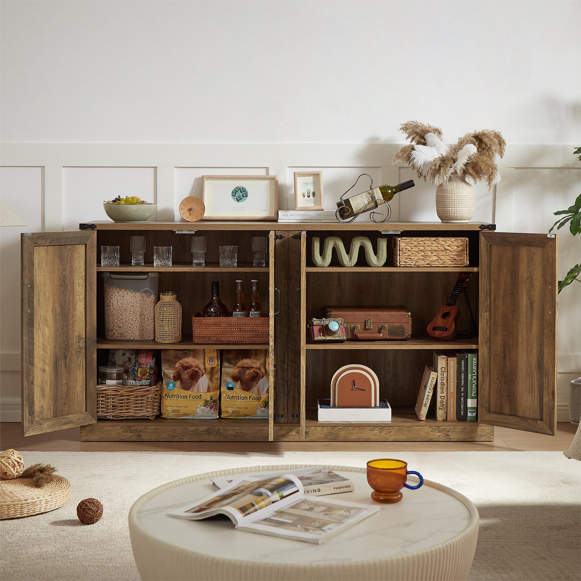 65-Inch Rustic Oak Color Faux Rattan Sideboard, Barn Door Rustic Style Sideboard, Living Room, Entryway, Bedroom - Korvel