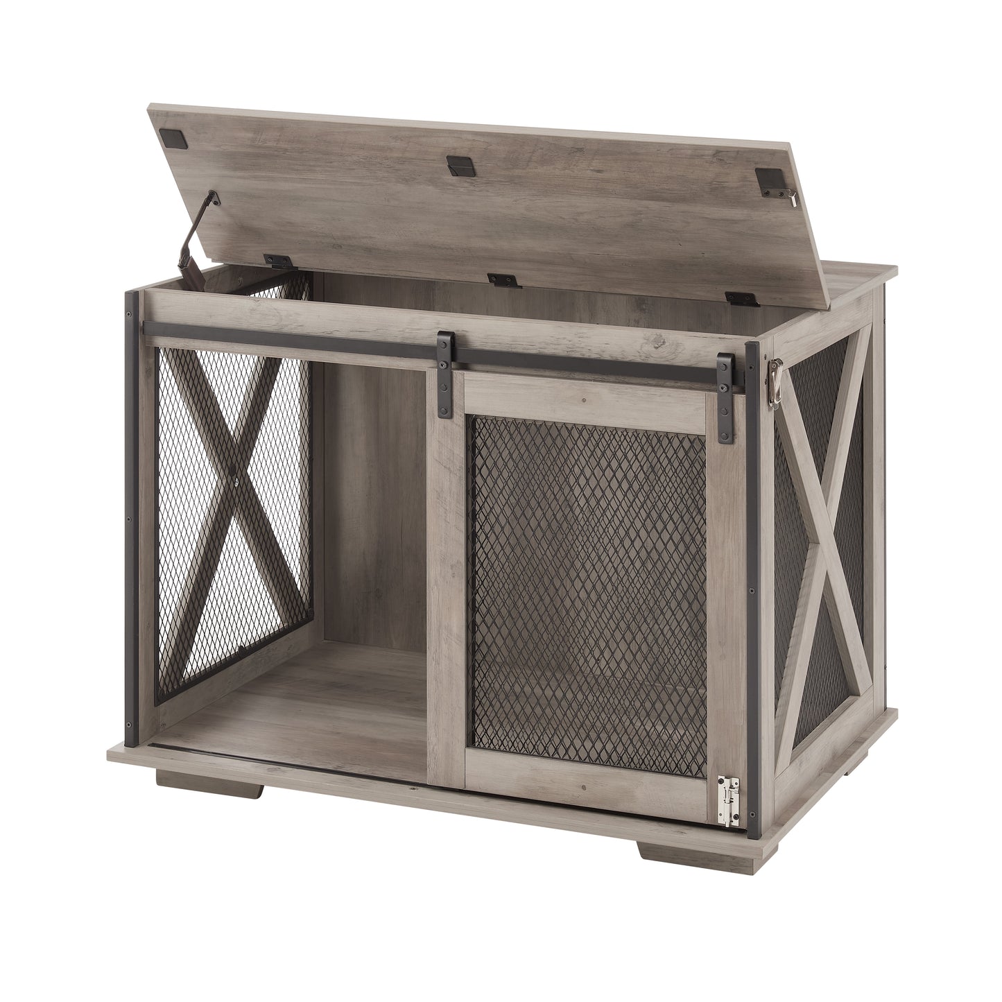 Farmhouse Dog Cage Crate Furniture with Sliding Barn Door, Farmhouse Wooden Dog Kennel End Table with Flip-top Plate Dog House - Korvel