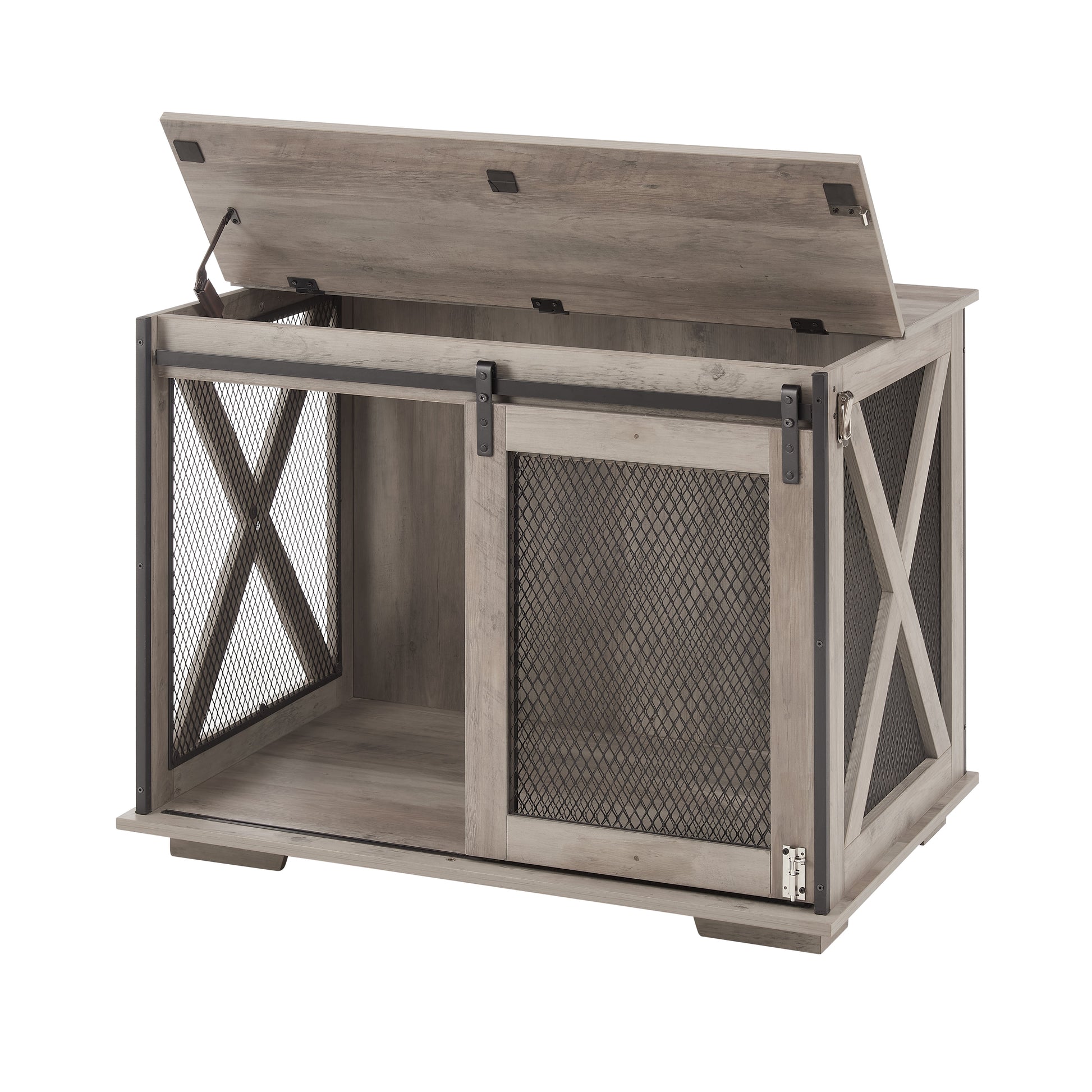 Farmhouse Dog Cage Crate Furniture with Sliding Barn Door, Farmhouse Wooden Dog Kennel End Table with Flip-top Plate Dog House - Korvel