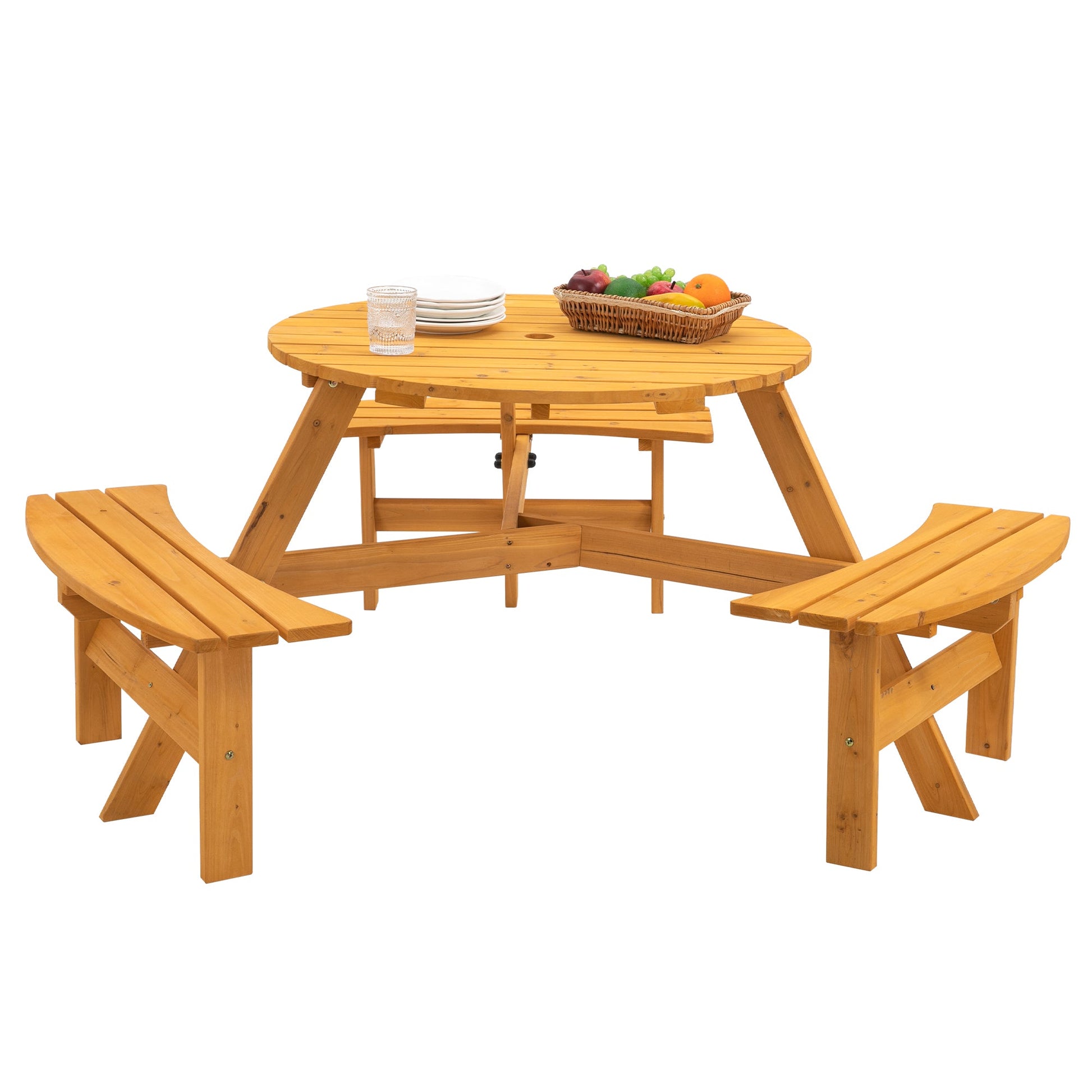 6-Person Circular Outdoor Wooden Picnic Table for Patio, Backyard, Garden, DIY w/ 3 Built-in Benches, 1720lb Capacity - Natural - Korvel
