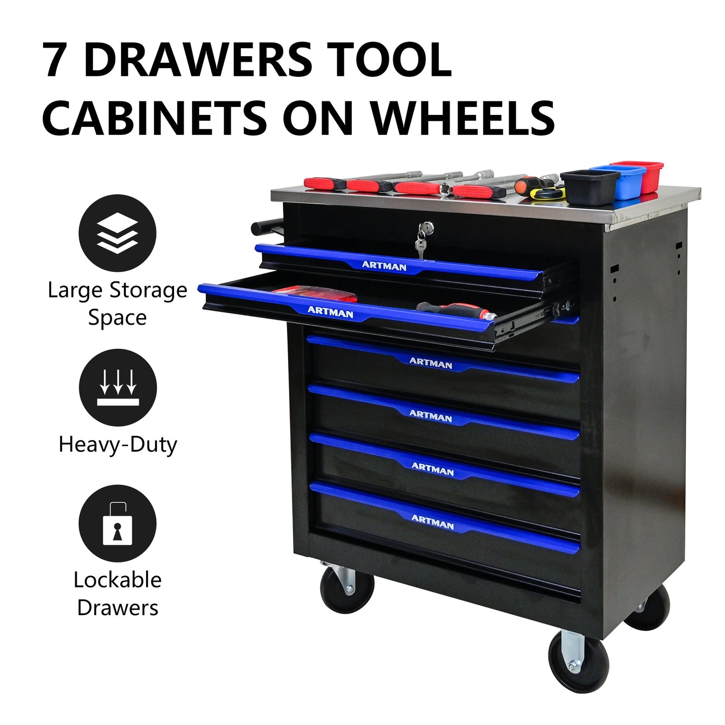 7 DRAWERS MULTIFUNCTIONAL TOOL CART WITH WHEELS-BLACK+BLUE - Korvel