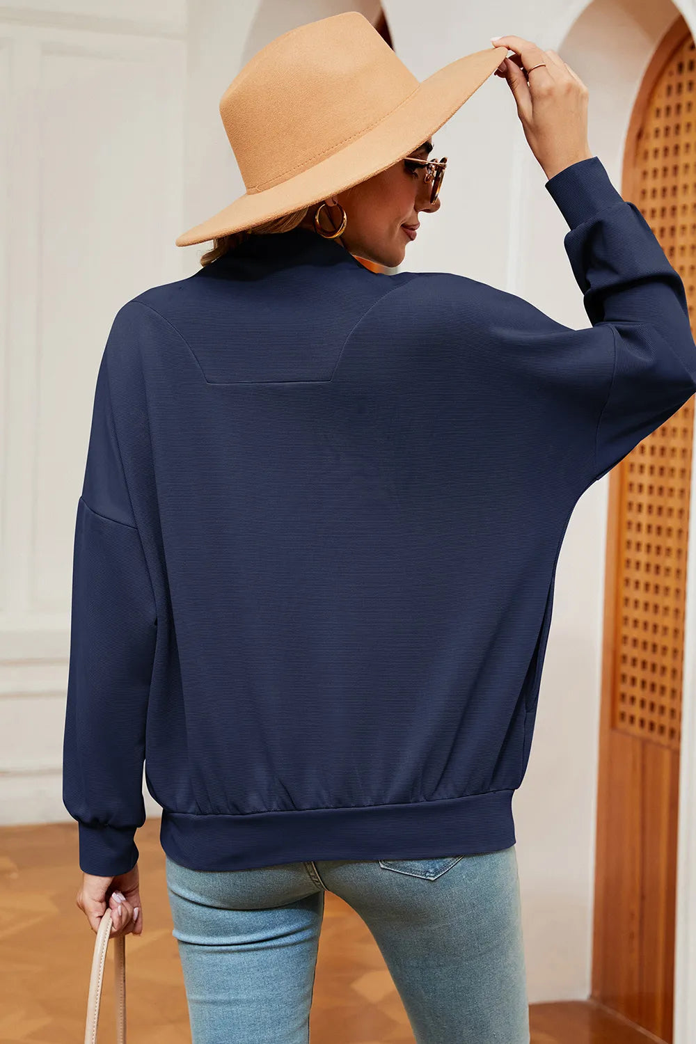 Solid Color Zipper Long Sleeve Pullover Sweatshirt for Women