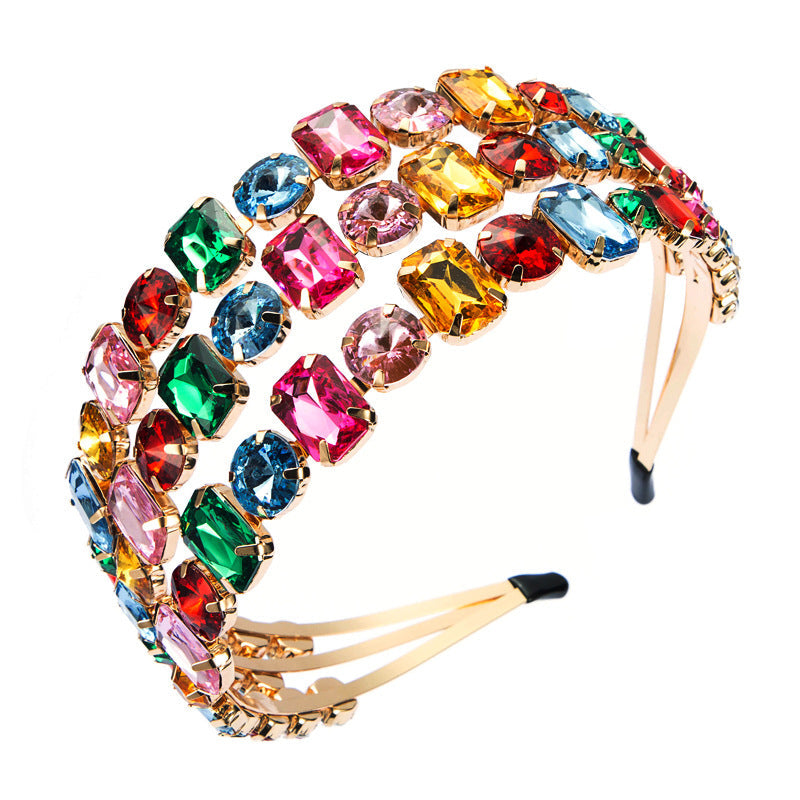 Elegant Three-Row Black and White Glass Drill Headband