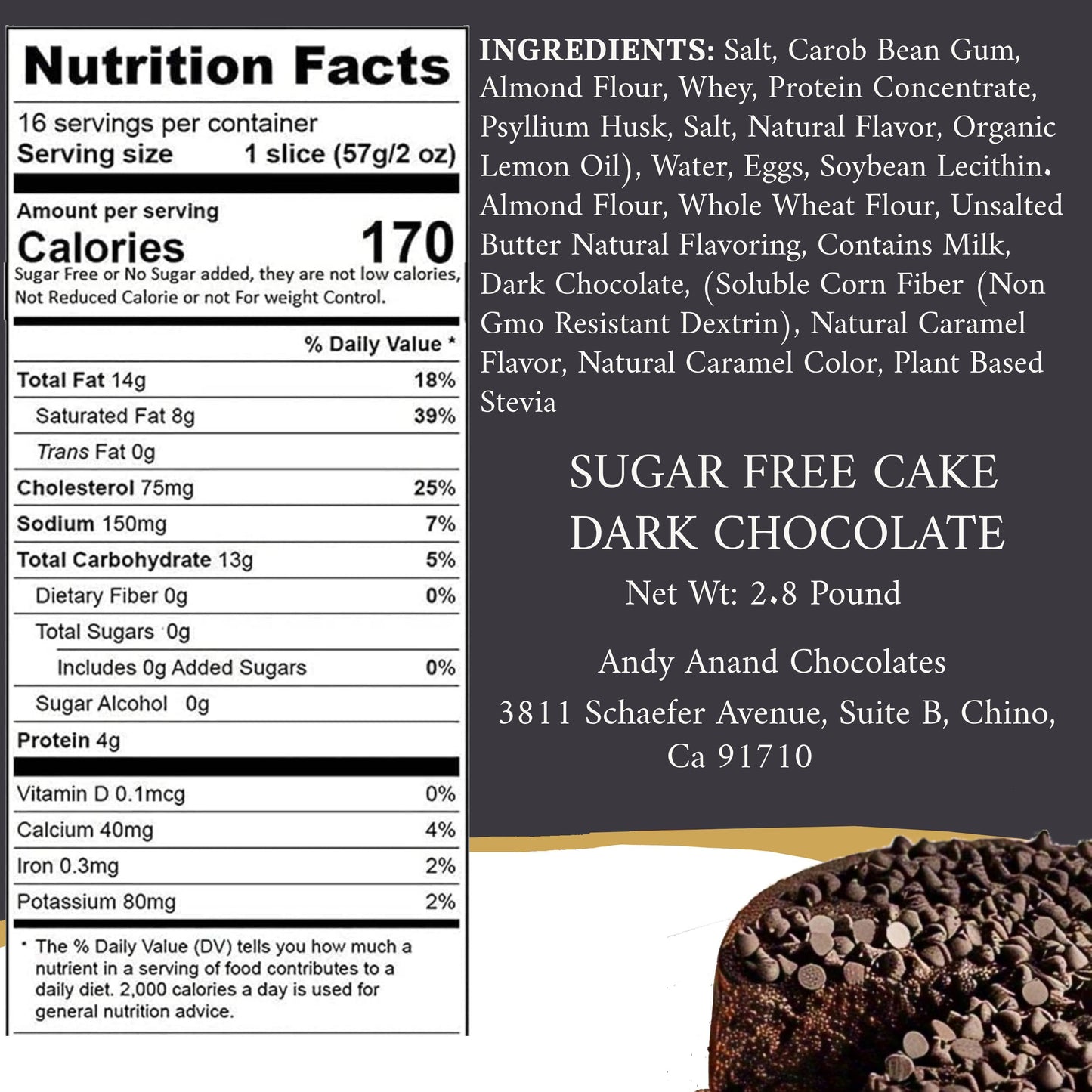 Pastel de Chocolate con Chips Sin Azúcar y Sin Gluten Andy Anand, 2.8 lb