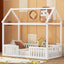 Twin Size Wood House Bed with Fence and Door, White - Korvel