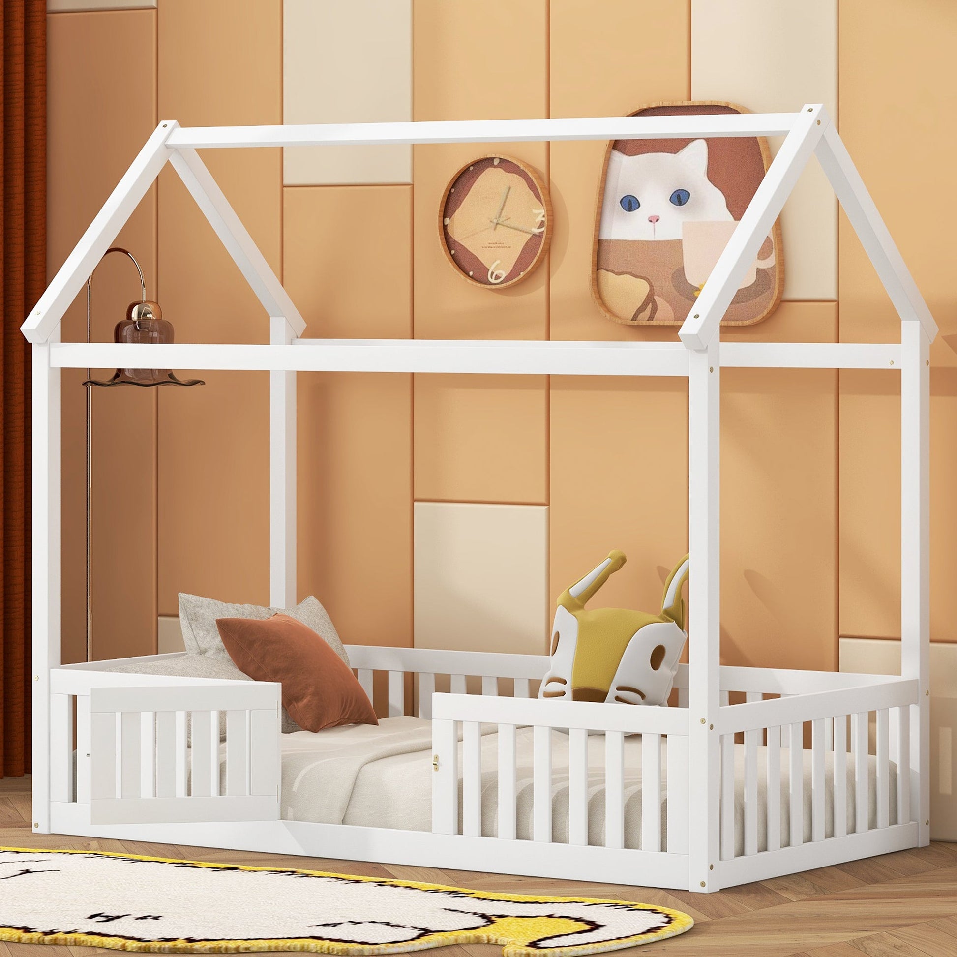 Twin Size Wood House Bed with Fence and Door, White - Korvel
