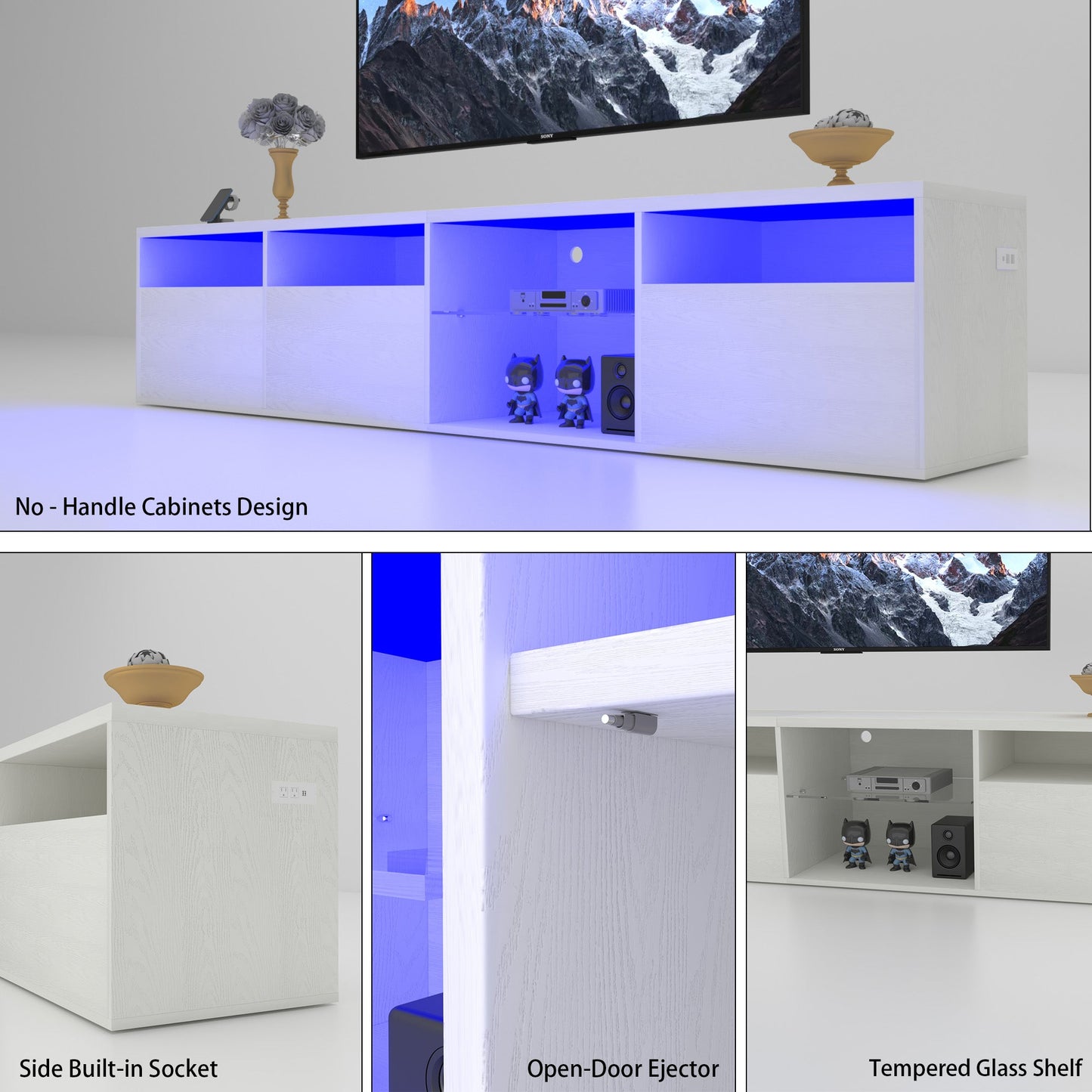 TV console with storage cabinet, 82.6-inch long LED TV stand with 31 mode switching lights (white, suitable for 75/80 inch TVs) - Korvel