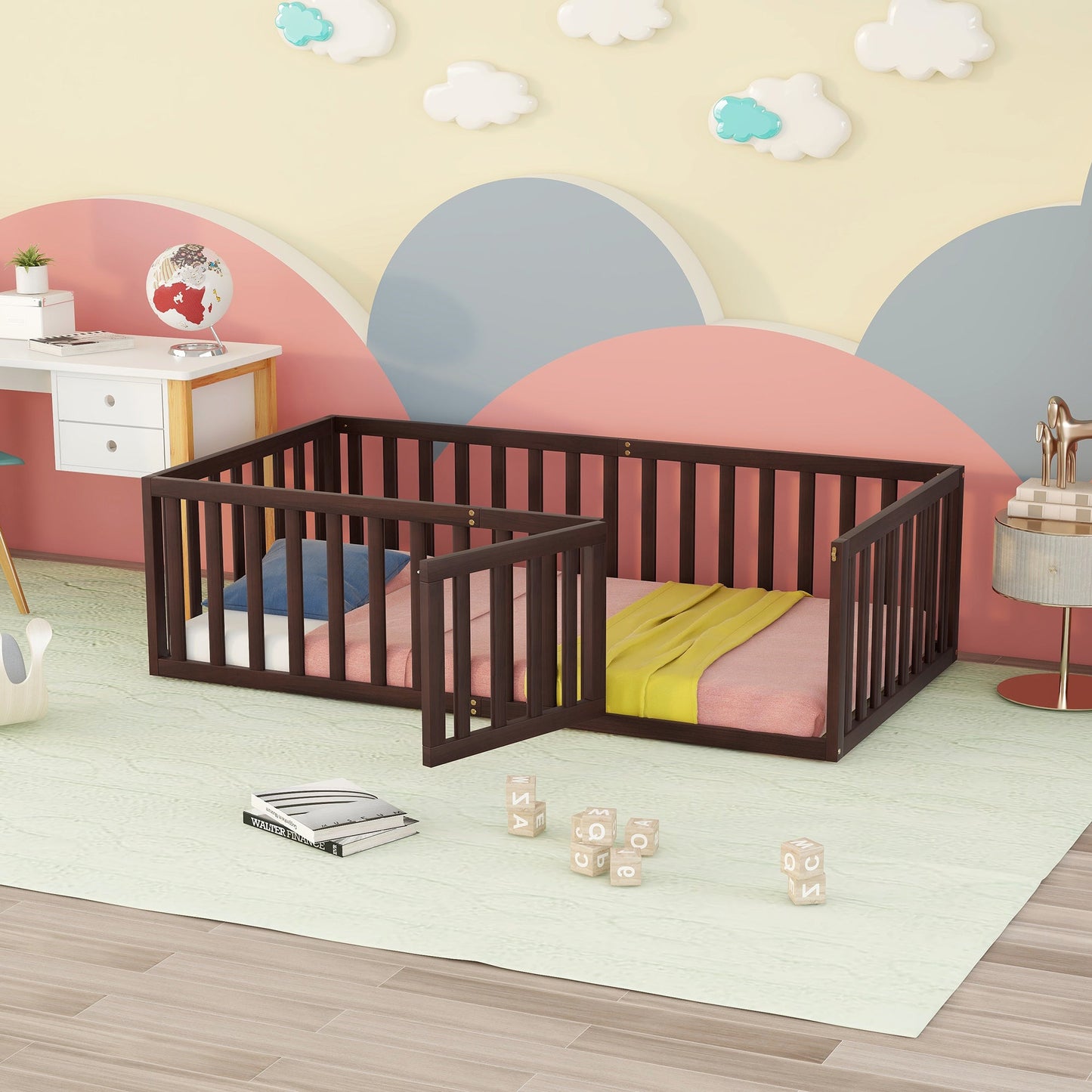 Twin Size Wood Floor Bed Frame with Fence and Door Walnut(OLD SKU :WF289661AAL) - Korvel