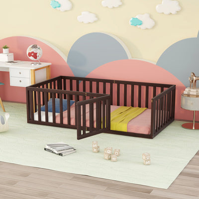 Twin Size Wood Floor Bed Frame with Fence and Door Walnut(OLD SKU :WF289661AAL) - Korvel
