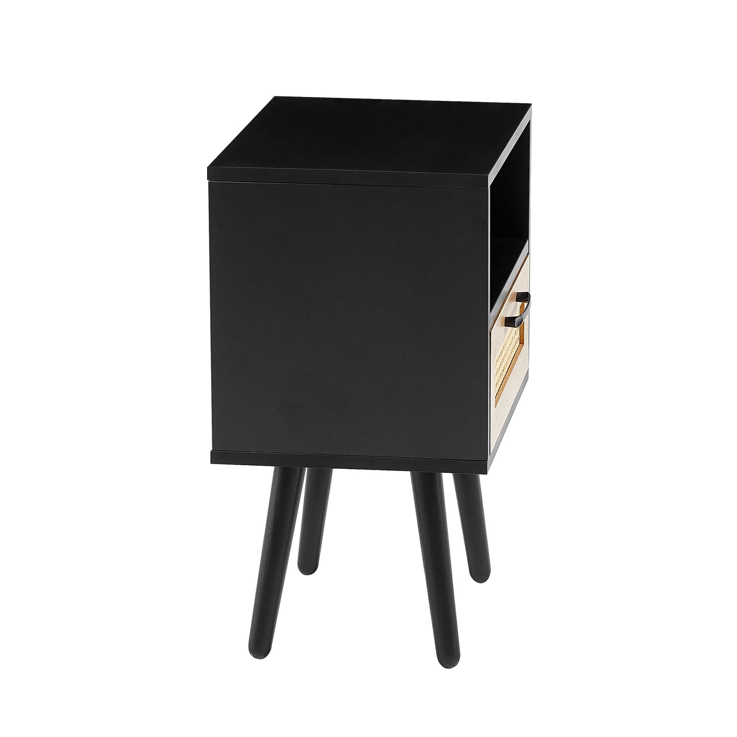 15.75" Rattan End table with drawer and solid wood legs Modern nightstand side table for living room black - Korvel