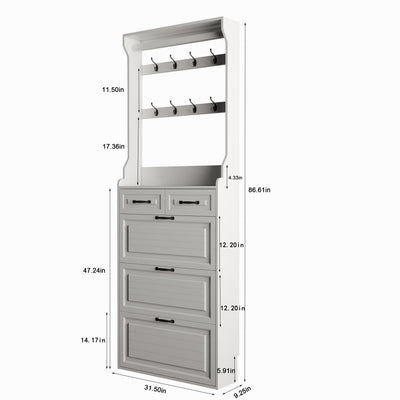 NEW White color shoe cabinet with 3 doors 2 drawers with hanger,PVC door with shape ,large space for storage - Korvel