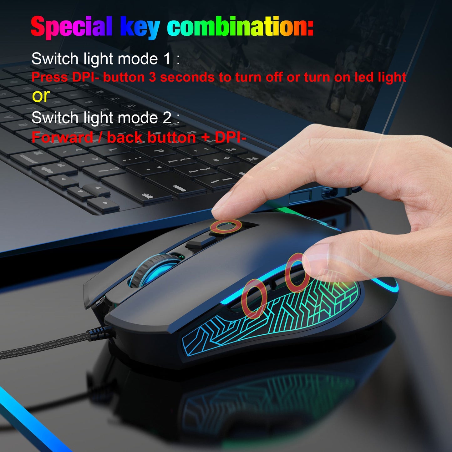 X100 wired gaming mouse with colorful glowing e-sports office mouse adjustable 3600dpi - Korvel