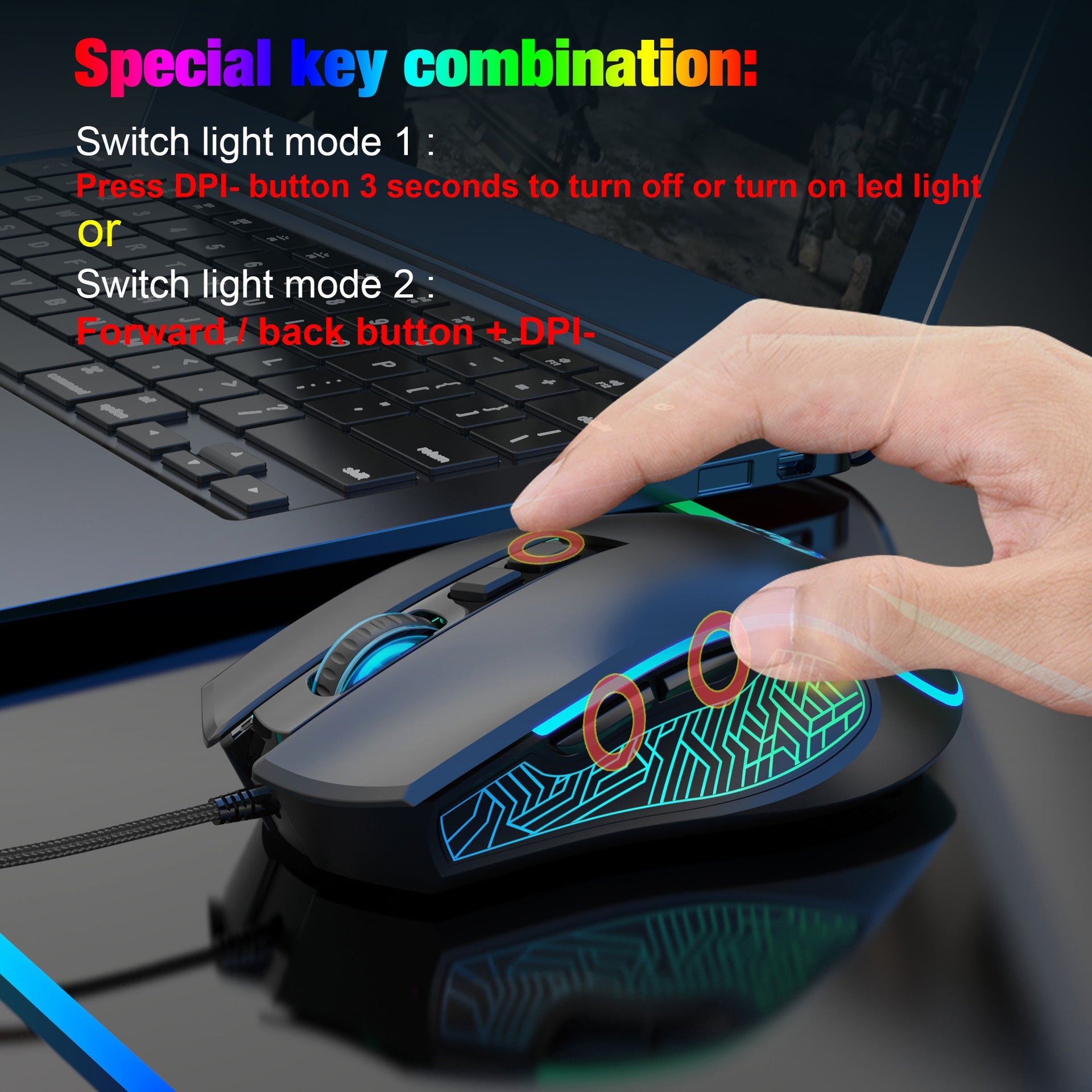 X100 wired gaming mouse with colorful glowing e-sports office mouse adjustable 3600dpi - Korvel