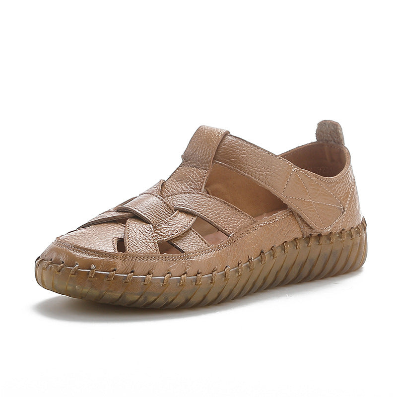 Leather perforated shoes with hollowed out toe caps for women soft soled non slip flat sandals for women - Korvel