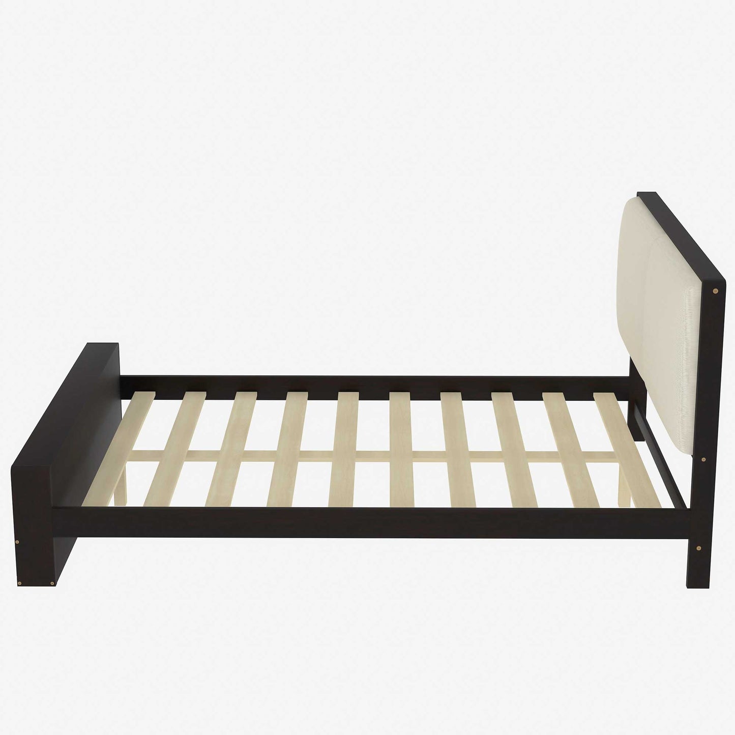 Queen Size Platform Bed Frame with Upholstery Headboard and Bookshelf in Footboard and LED Light Strips, Espresso - Korvel