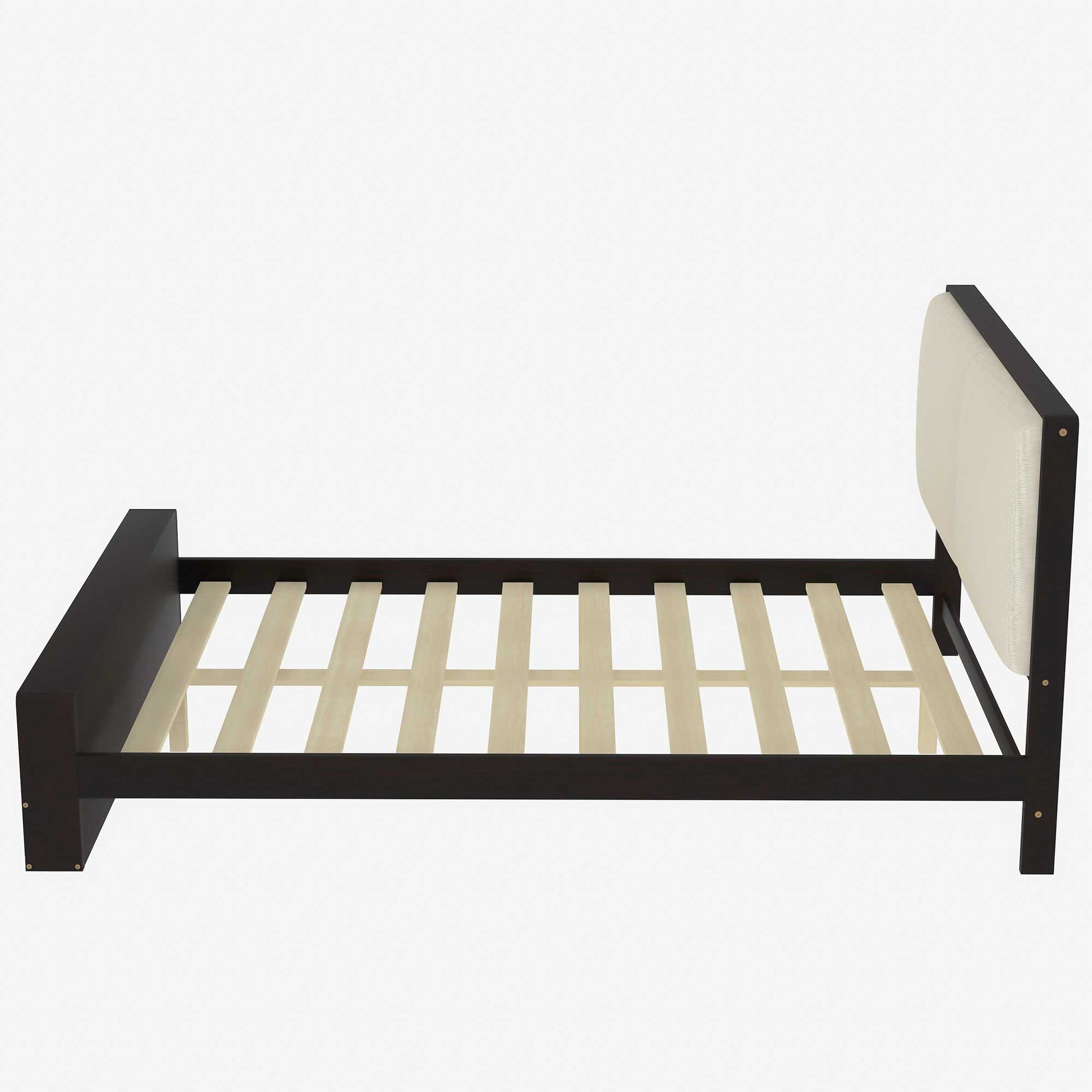 Queen Size Platform Bed Frame with Upholstery Headboard and Bookshelf in Footboard and LED Light Strips, Espresso - Korvel