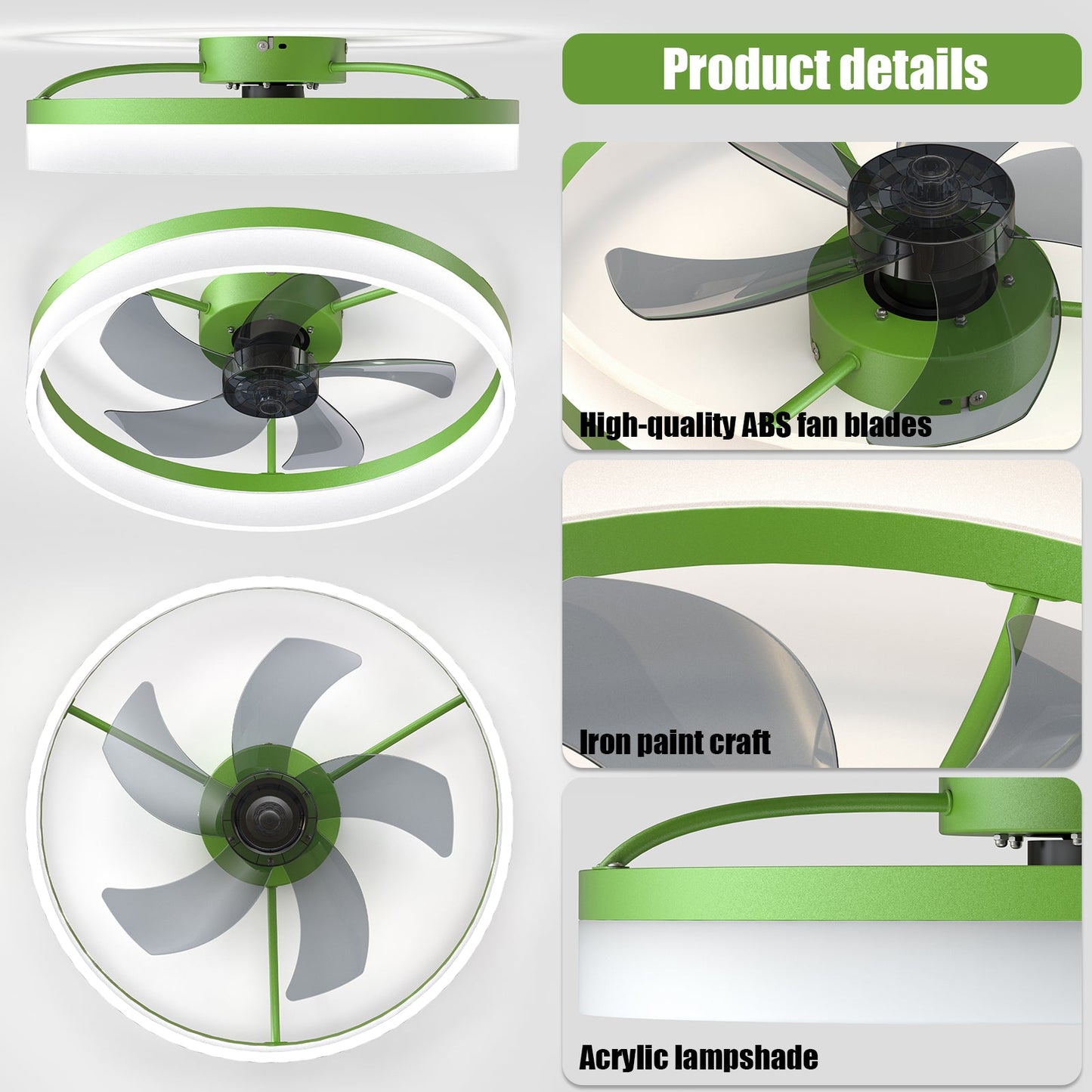 Dimmable LED Ceiling Fan with Modern Design in Green