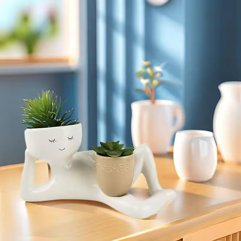 Funny Resin Succulent Pot: Relaxing - pose Figure with Pot Planter, Drainage Hole, Ideal for Succulents and Cacti - Korvel