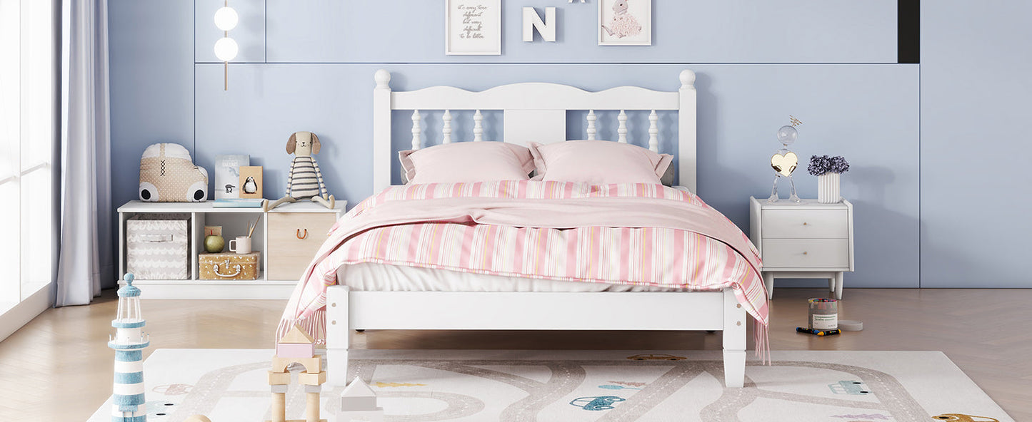 Twin Bed with Column-Decoration Headboard, with Bed Slats,White - Korvel