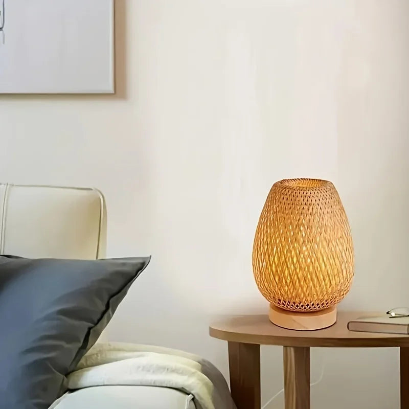 Retro Japanese Style Lamp Bamboo Woven Desk Lamp Handmade Rattan LED Desk Lamp Wooden House Decoration Light - Korvel