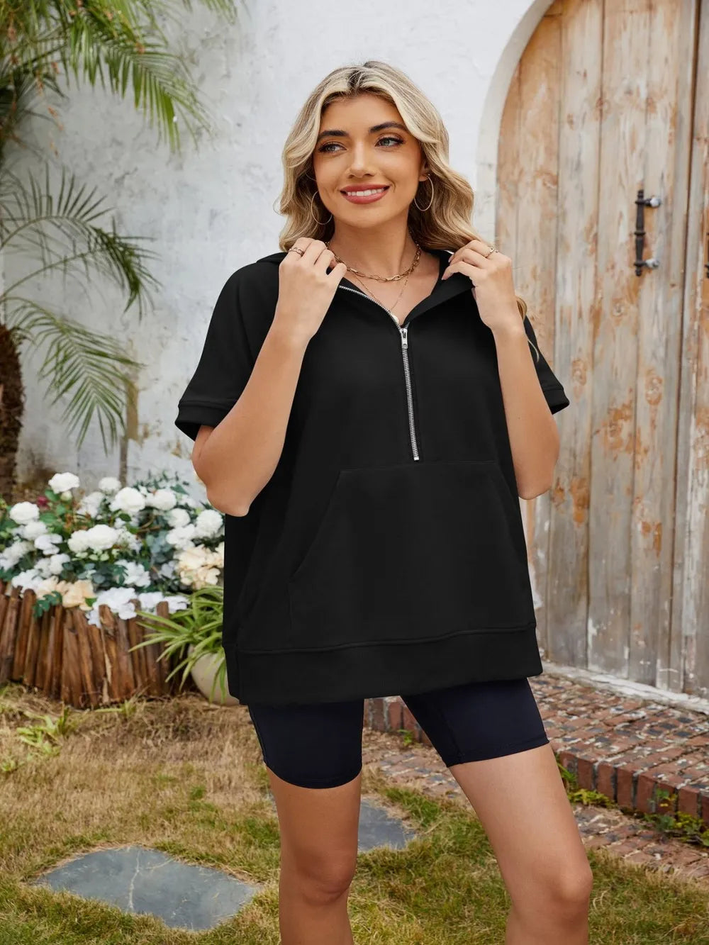 Half Zip Short Sleeve Hooded Top - Korvel