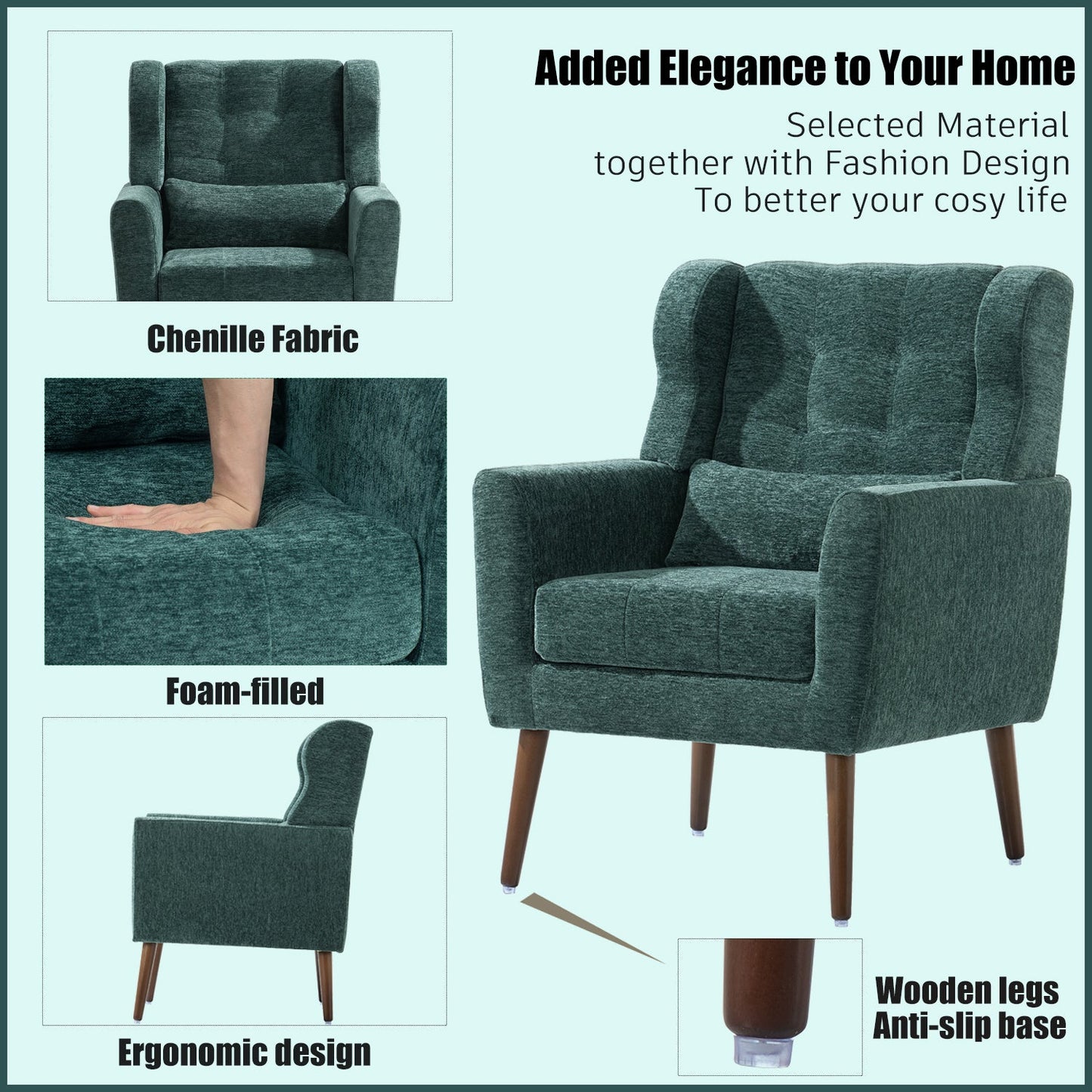 Modern Accent Chair Upholstered Foam Filled Living Room Chairs Comfy Reading Chair Mid Century Modern Chair  (Blackish Green) - Korvel
