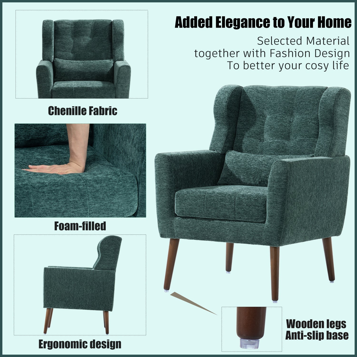 Modern Accent Chair Upholstered Foam Filled Living Room Chairs Comfy Reading Chair Mid Century Modern Chair  (Blackish Green) - Korvel