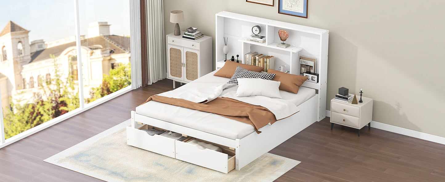 Elegant Queen Size Platform Bed with Storage Headboard, White