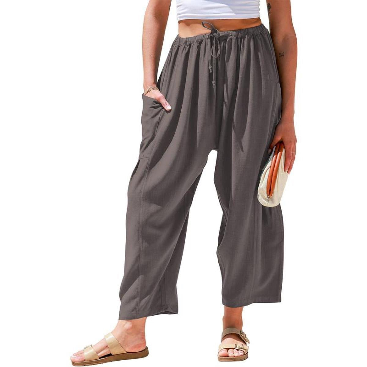 Pantalons larges en coton et lin taille haute pour femmes
