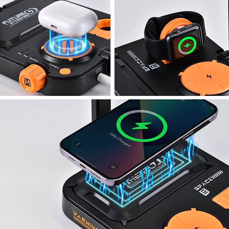 Multifunctional wireless charging night light mobile phone earphone watch three-in-one charger bed table desktop small table lamp - Korvel