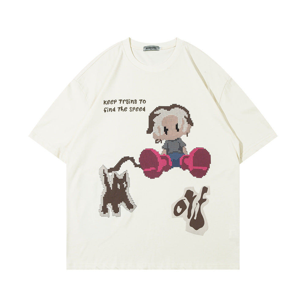 Fun Cartoon Anime Print Short Sleeve T-Shirt Men's High Street Trendy Half Sleeve Pure Cotton Round Neck Loose Tee - Korvel
